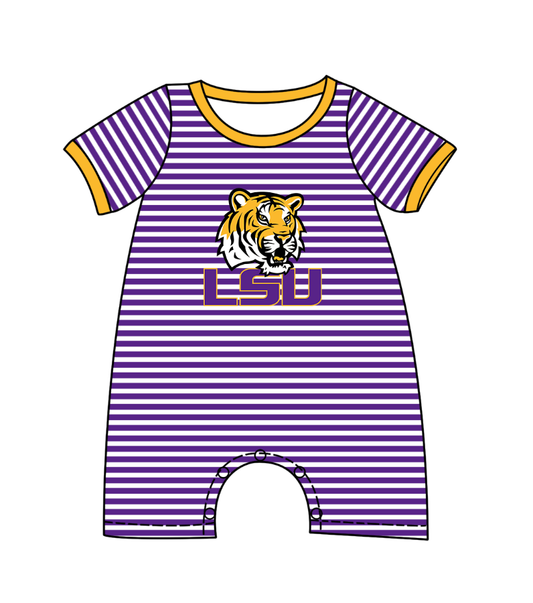 preorder(moq 5) Baby Boys Short Sleeve Purple Stripe LSU Tiger Team Rompers