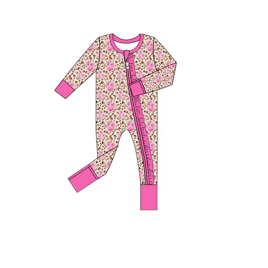 Baby Infant Girls Pink Leopard Flowers Zip Rompers preorder(moq 5)