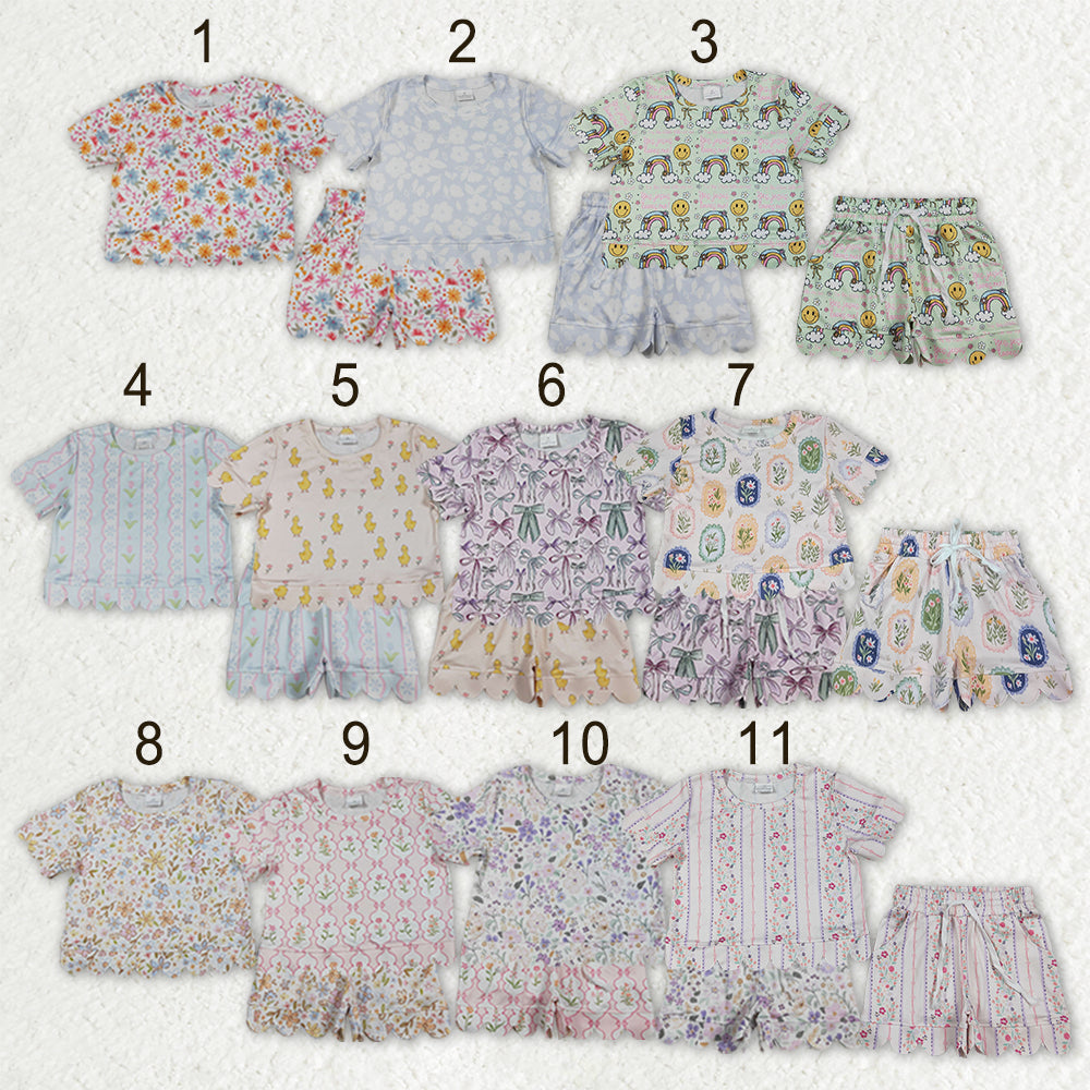 Sibling Baby Girls Colorful Flowers Top Pockets Shorts Scallop Clothes Sets
