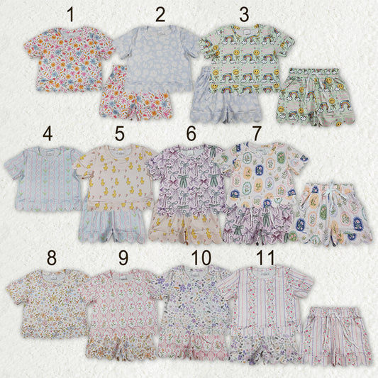 Sibling Baby Girls Colorful Flowers Top Pockets Shorts Scallop Clothes Sets