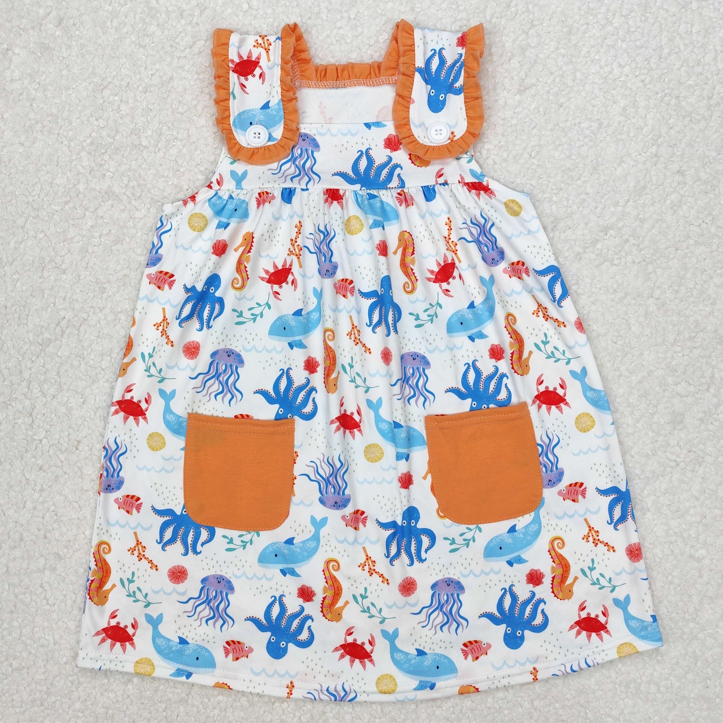 Sibling Baby Kids Orange Pocket Top Sea Animals Shorts Clothes Sets Knee Length Dresses