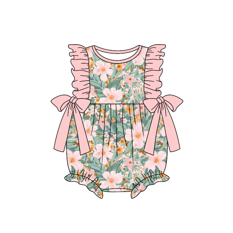 Baby Infant Girls Pink Flowers Bows Summer Rompers preorder(moq 5)