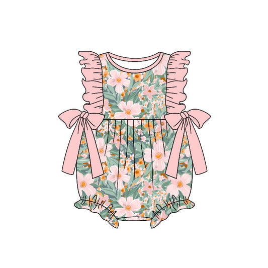 Baby Infant Girls Pink Flowers Bows Summer Rompers preorder(moq 5)