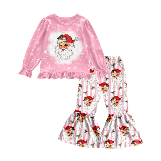 Baby Girls Pink Santa Christmas Shirt Bell Stripes Pants Outfits Sets Preorder(moq 5)