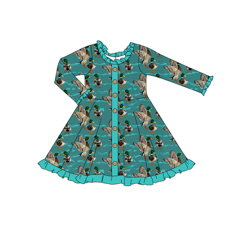 Baby Girls Ducks Hunting Blue Buttons Knee Length Dresses preorder(MOQ 5)