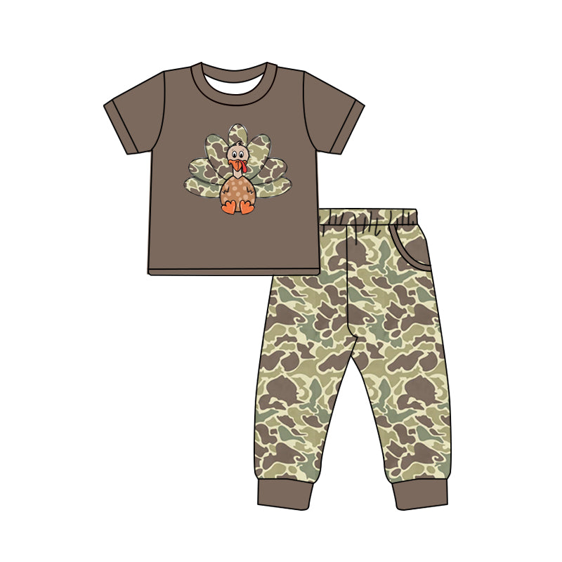 Preorder(moq 5) Baby Boys Brown Thanksgiving Turky camo Top Pants Outfits Sets