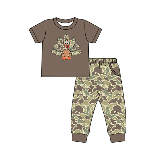 Preorder(moq 5) Baby Boys Brown Thanksgiving Turky camo Top Pants Outfits Sets