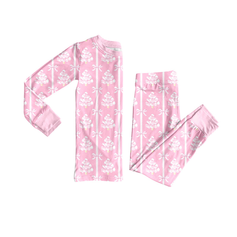 Preorder (moq 20)Baby Girls Bamboo Pink Bows Trees Stripe Christmas Pajamas Sets
