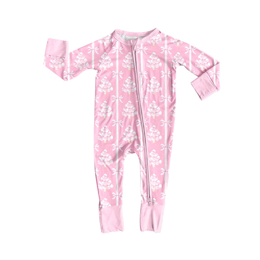 Preorder (moq 20)Baby Girls Bamboo Pink Bows Trees Stripe Christmas Zippy Footie Rompers