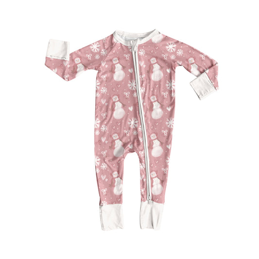 Preorder (moq 20)Baby Girls Bamboo Pink Bows Snowmen Christmas Zippy Footie Rompers