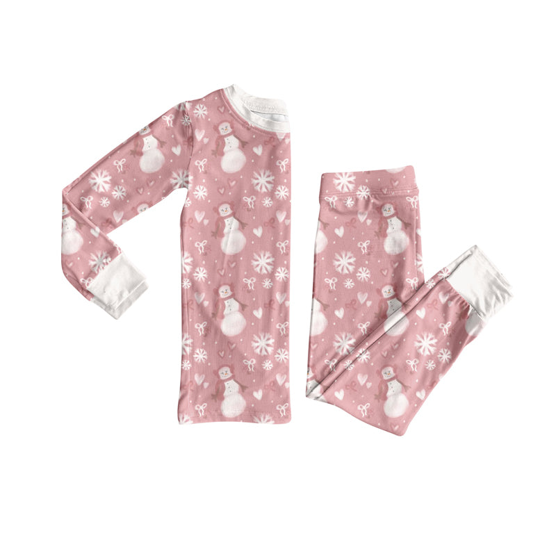 Preorder (moq 20)Baby Girls Bamboo Pink Bows Snowmen Christmas Pajamas Sets