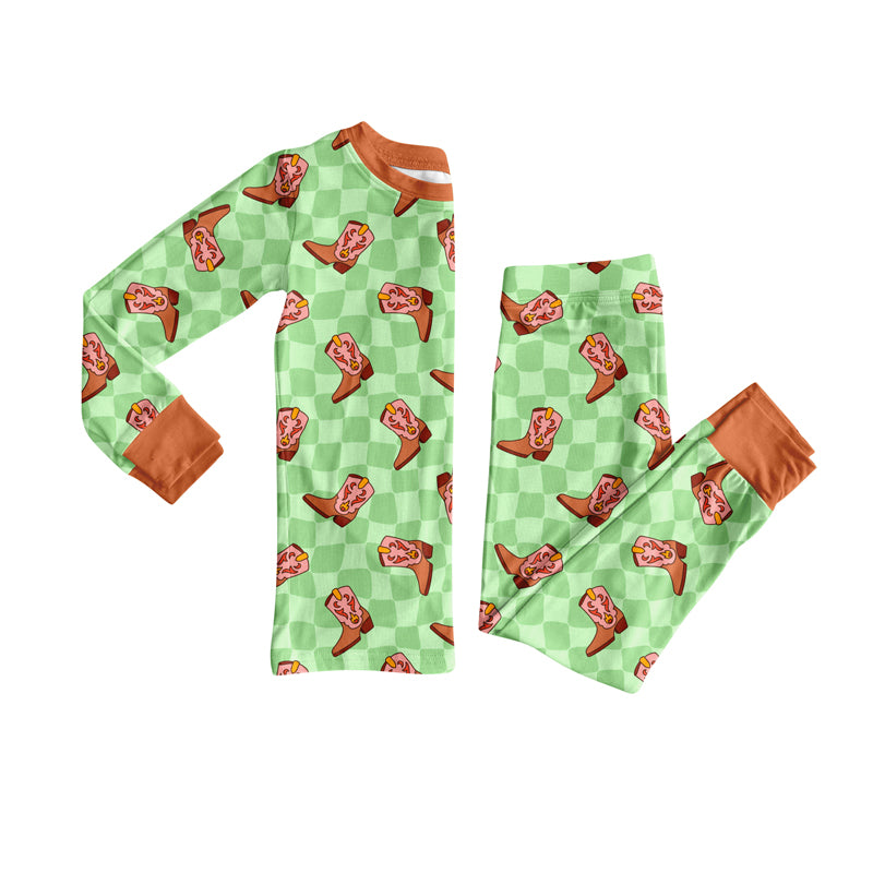 Preorder(moq 5) Baby Boys Green Checkered Boots Top Pants Lounge Wear Pajamas Sets