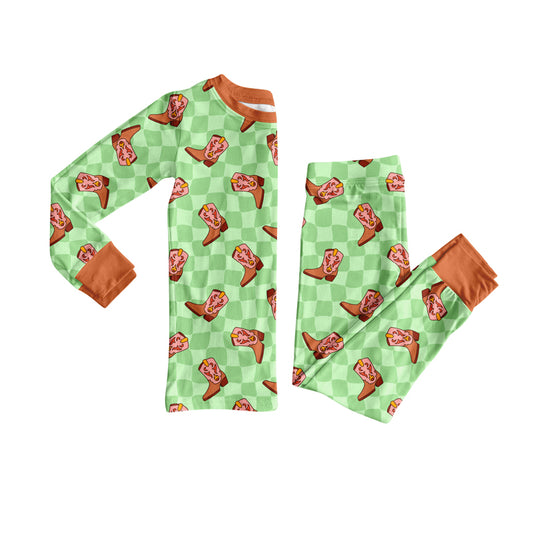 Preorder(moq 5) Baby Boys Green Checkered Boots Top Pants Lounge Wear Pajamas Sets