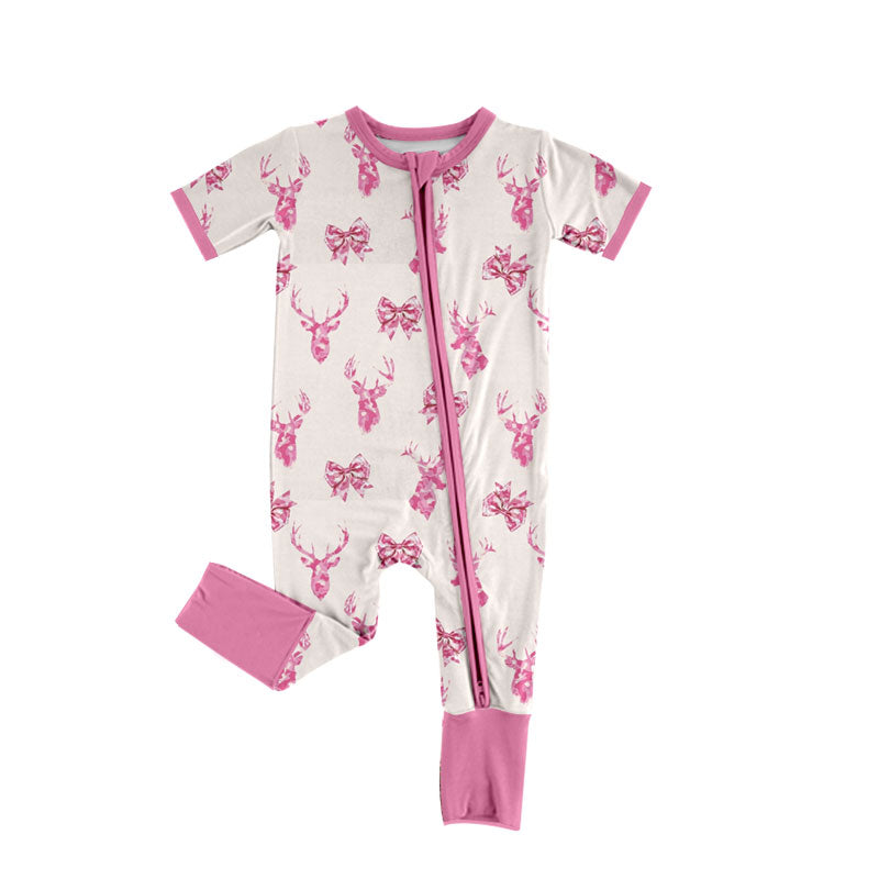 Preorder (moq 5) Baby Girl Clothes Pink Watercolor Deer Bow Print Short Sleeve Zipper Romper