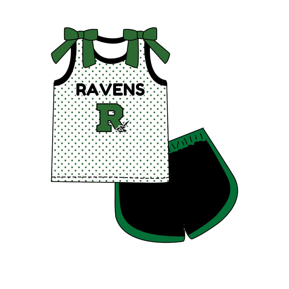 Preorder (moq 5)Baby Girls Bows Ravens Polka Dots Top Short Team Clothes Set