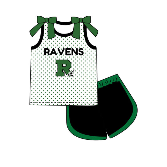 Preorder (moq 5)Baby Girls Bows Ravens Polka Dots Top Short Team Clothes Set