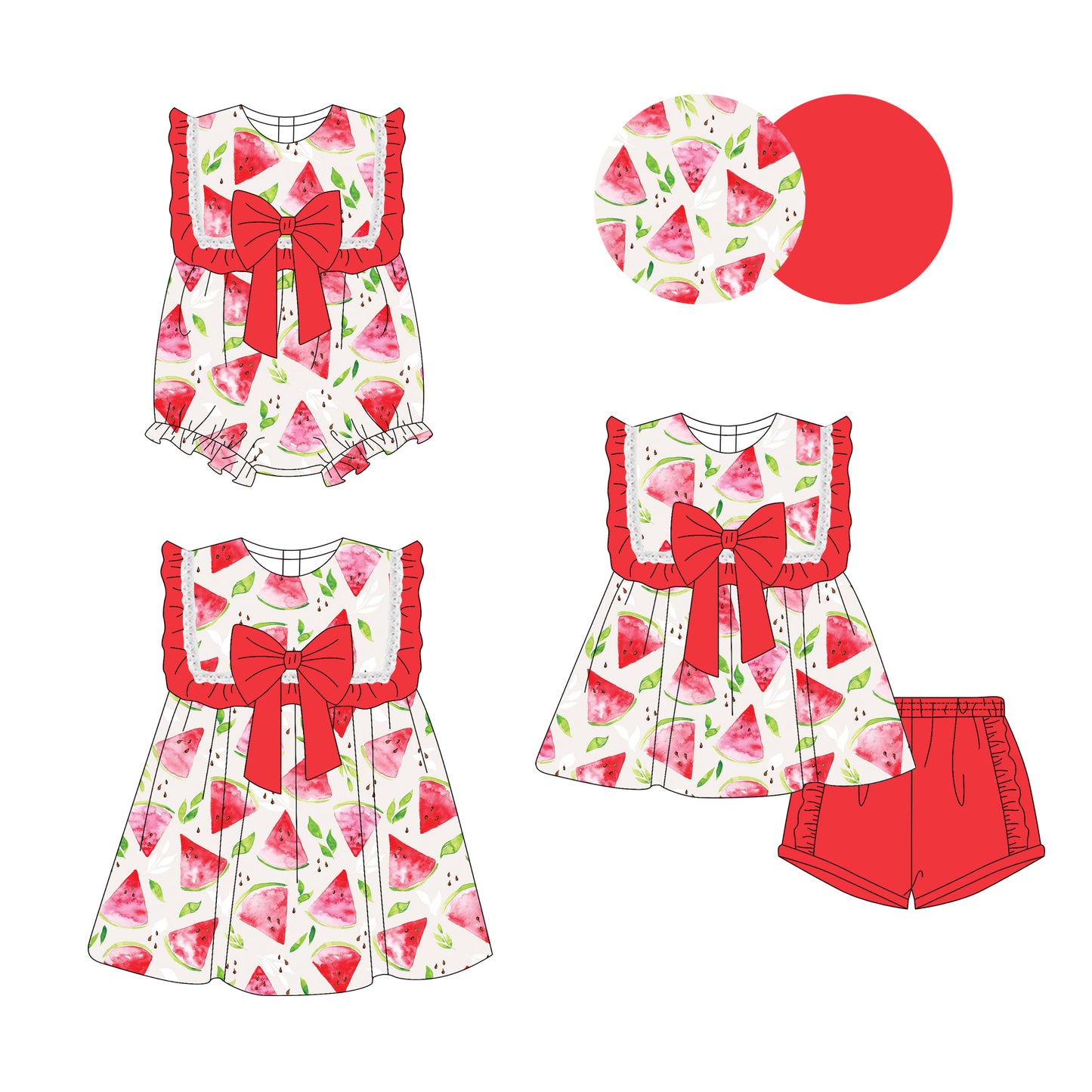 Preorder moq 5 Custom Baby Girls Red Sleeveless Watermelons Bow Tunic Ruffle Short Set Knee Length Dress Rompers