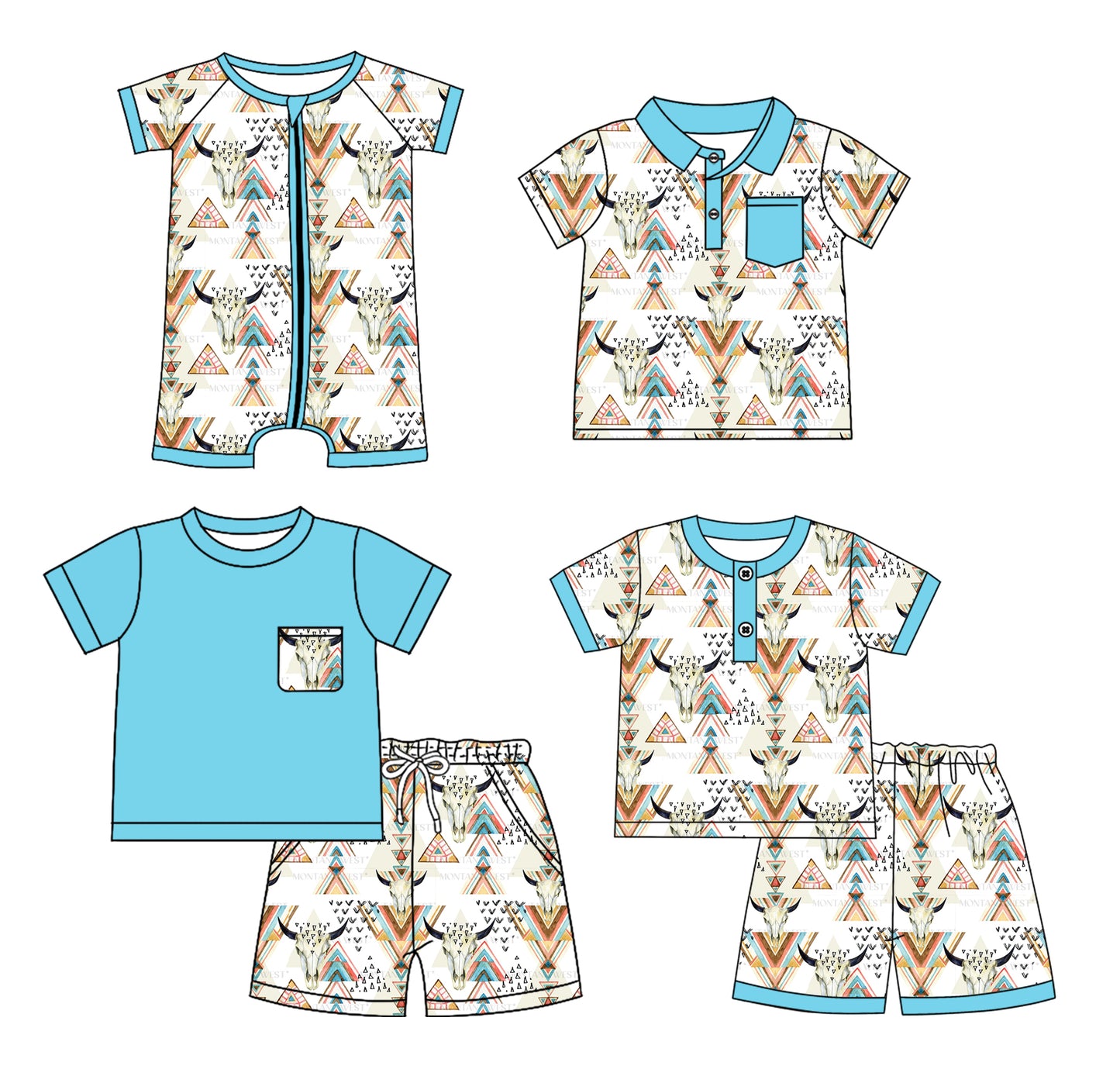 Preorder moq 5 Custom Baby Boys Blue Short Sleeves Button Pocket Aztec Bull Skull Top Short Set Polo Shirts And Zipper Rompers