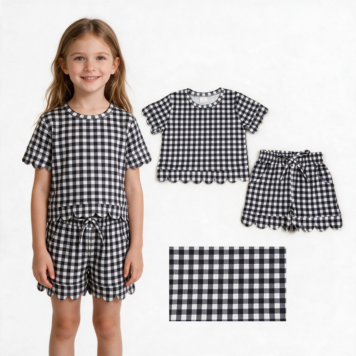 Baby Girls Short Sleeve Black Checked Top Shorts Scallop Clothes Sets