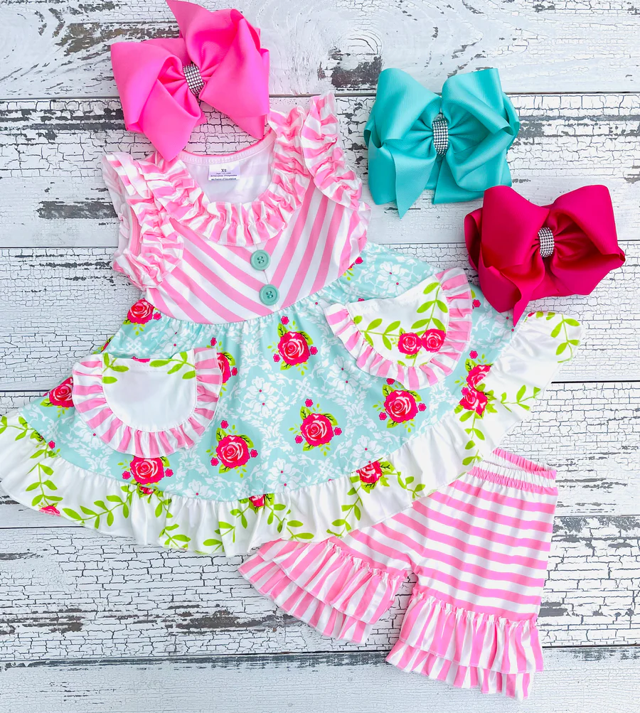 Children pink floral summer pocket shorts clothing sets