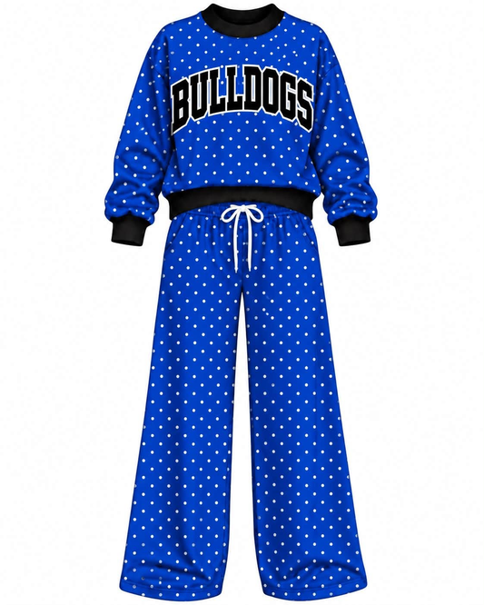 Preorder (moq 5) Baby Girls Blue Bulldogs Polka Dots Top Pants Outfits Sets