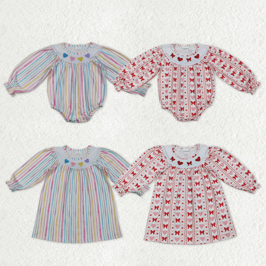 Sibling Baby Girls Embroidery Hearts Bows Ruffle Sleeves Valentines Knee Length Dresses Rompers