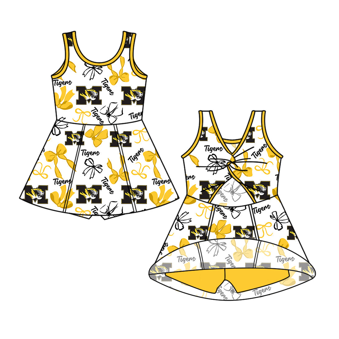 Preorder (moq 5)Baby Girls Sleeveless Bows Tigers Team Shorts Knee Length Dress