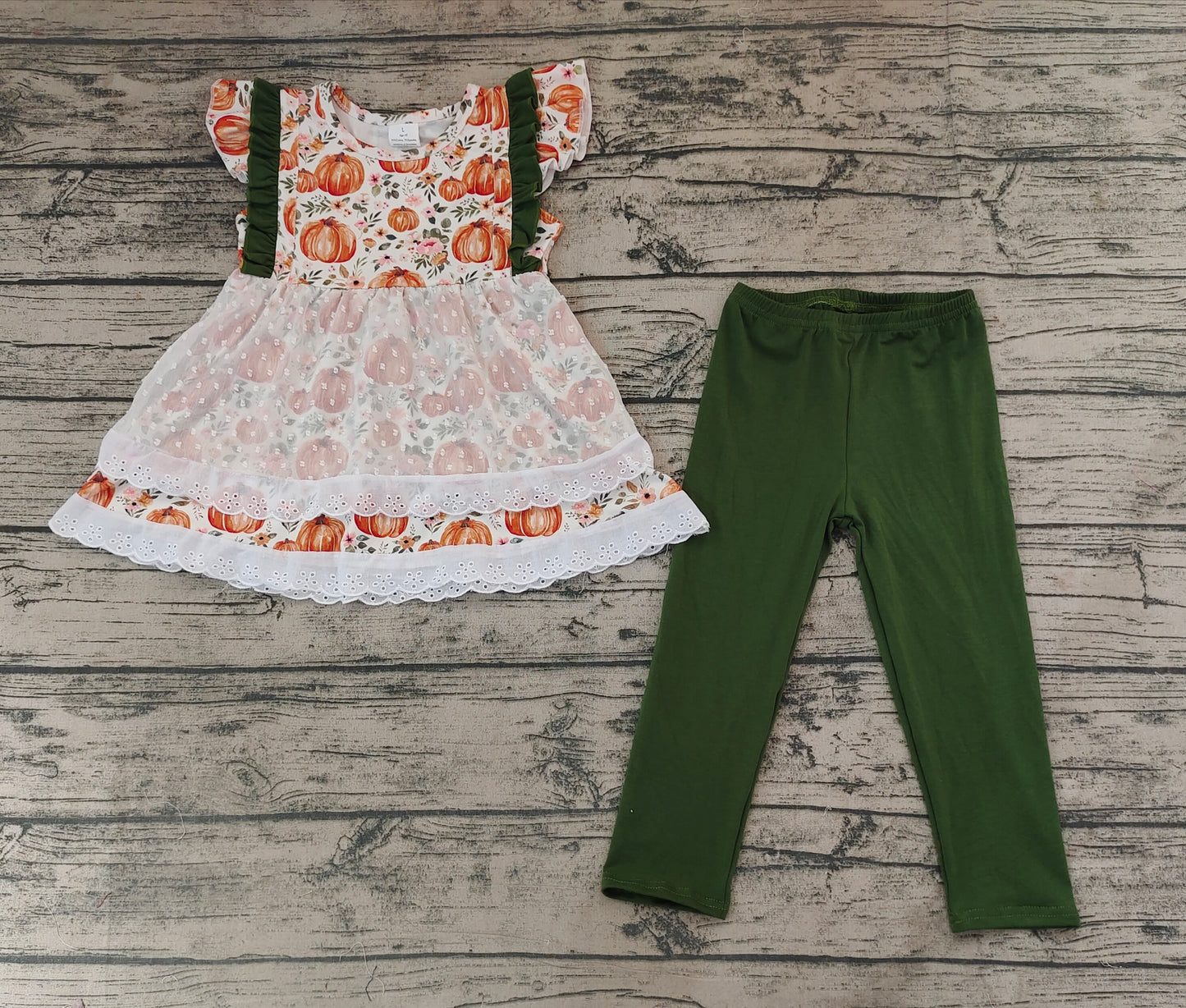 Baby Girls Pumpkin Green Tunic Lace Top Legging Pants Clothes Sets