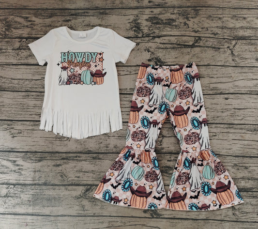 Howdy Pumpkin Baby Girls Western Tassel Shirt Pumpkin Bell Pants Clothes Sets