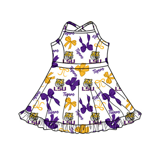 Preorder (moq 5)Baby Girls Strap LSU Tigers Bows Team Shorts Ruffle Knee Length Dress