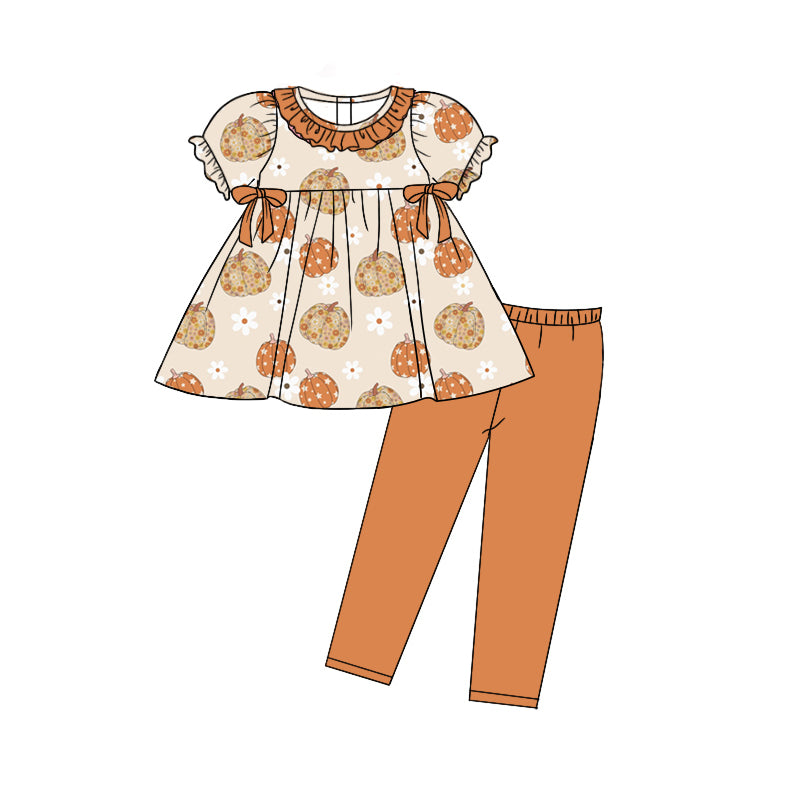 Baby Girls Orange Pumpkin Short Sleeve Tunic Legging Clothes Sets Preorder(moq 5)