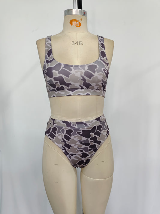 Adult Women Grey Camo Top Bottom Swimsuits Sets