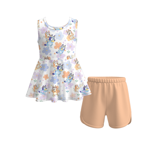 Baby Girls Dogs Flowers Sleeveless Tunic Top Shorts Clothes Sets preorder (moq 5)