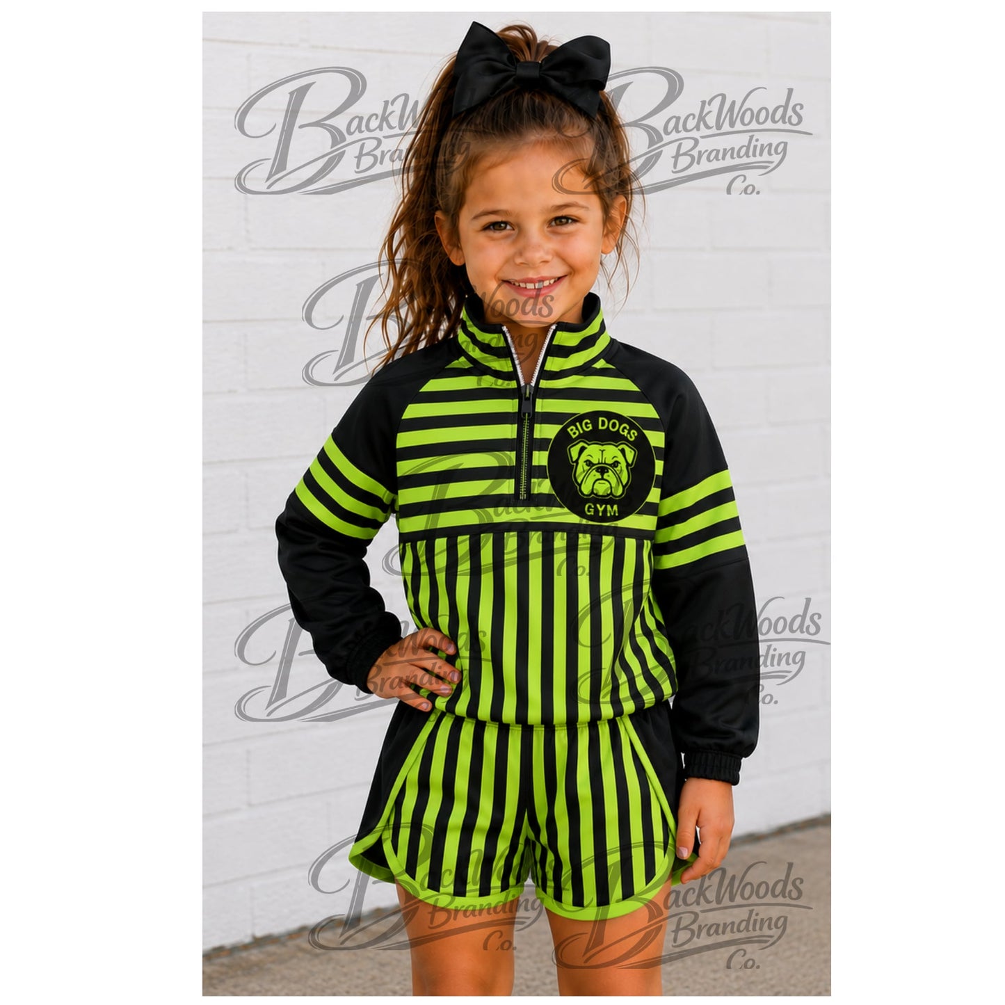 Preorder (moq 5)Baby Girls Green Stripe Big Dog Zip Pullovers Short Team Clothes Sets