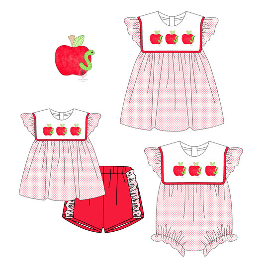 Preorder moq 5 Custom Baby Girls Red Polka Dots Caterpillar Apples Tunic Ruffle Short Set Knee Length Dress And Rompers