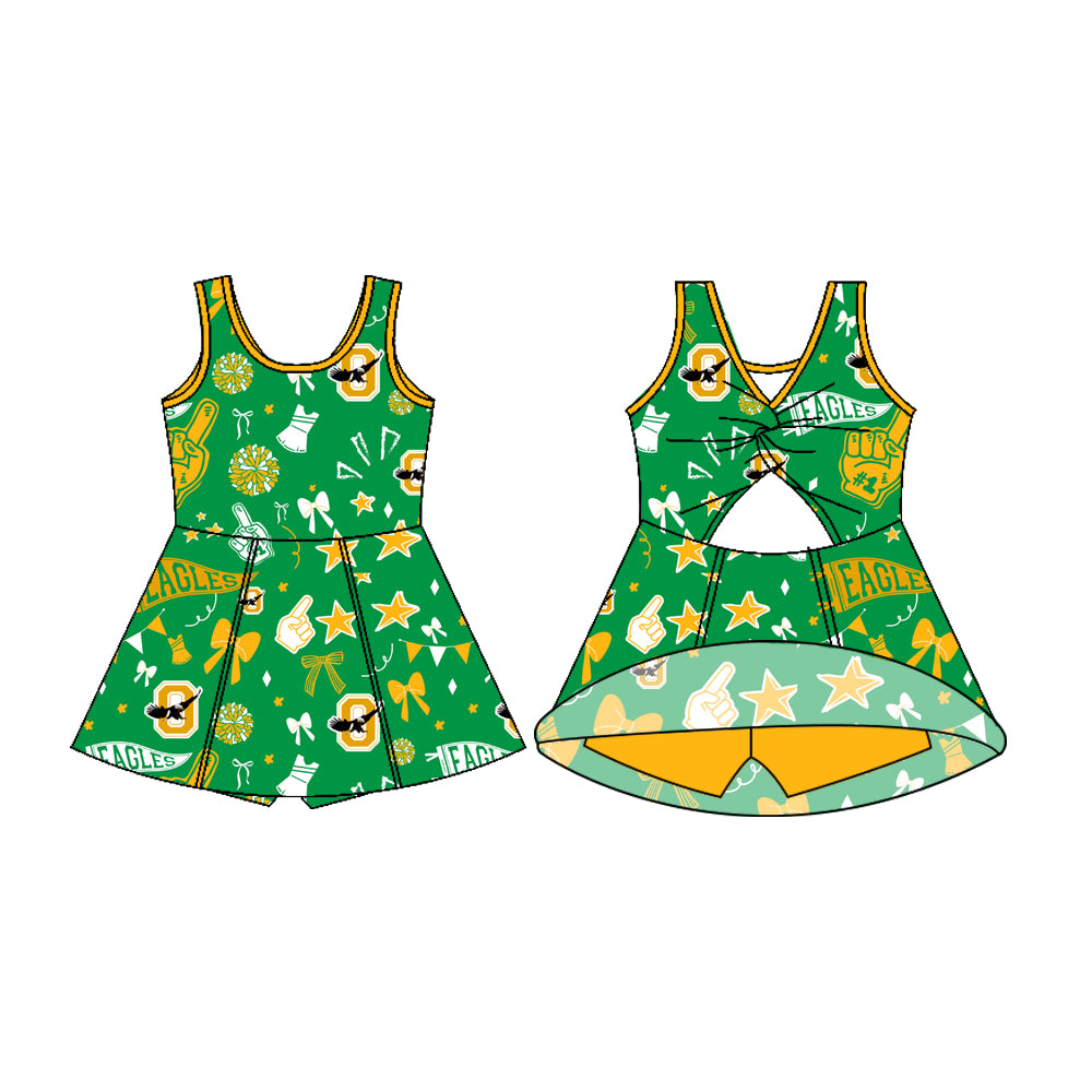 Preorder (moq 5)Baby Girls Sleeveless Green Eagles Bows Shorts Team Dresses