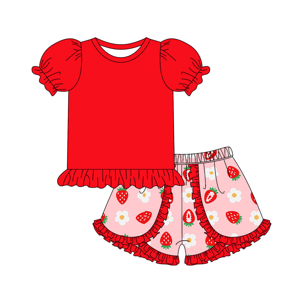Preorder moq 5 Baby Girls Red Short Ruffle Sleeves Tunic Strawberry Flowers Ruffle Short Set