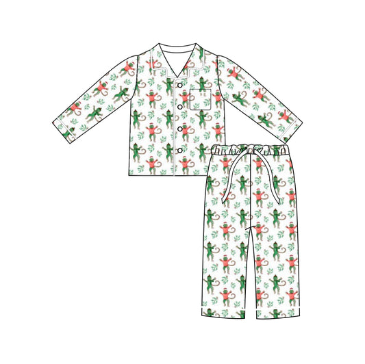 preorder(moq 5) Baby Boys Christmas Monkey Button Pocket Top Pants Pajamas Sets