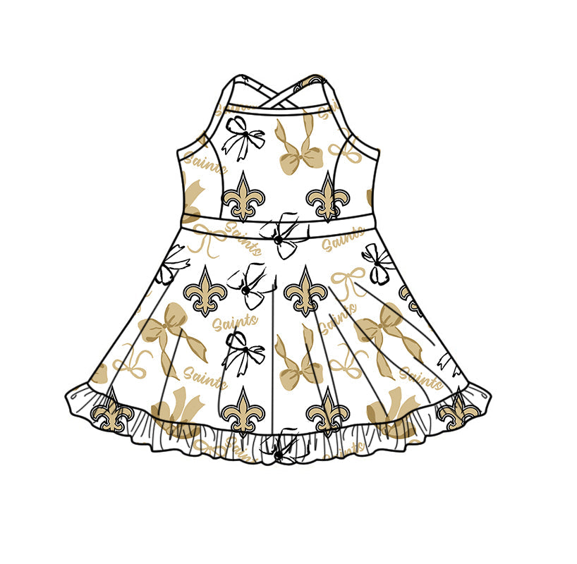 Preorder (moq 5)Baby Girls Strap Gold Bows Saints Team Short Ruffle Knee Length Dress