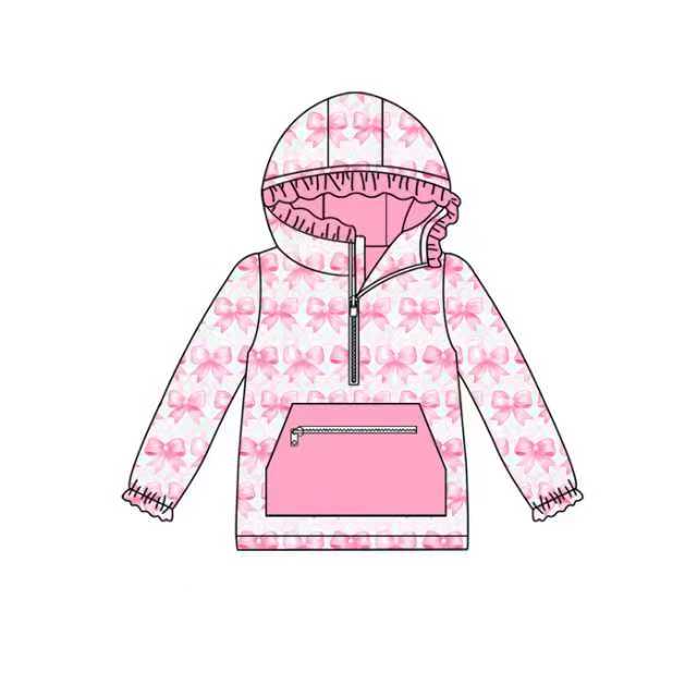 Preorder (moq 5)Baby Girls Pink Bows Zipper Pocket Ruffle Hooded Tops