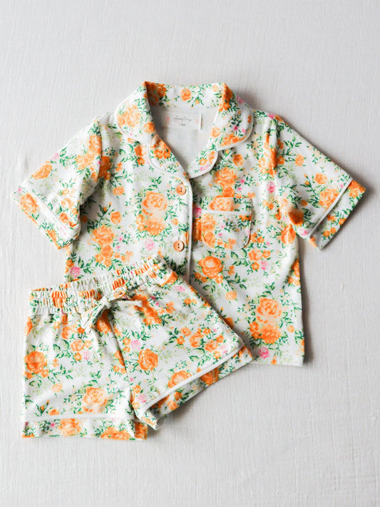 Baby Girls Green Orange Flowers Buttons Top Shirt Shorts Pajamas Clothes Sets preorder (moq 5)