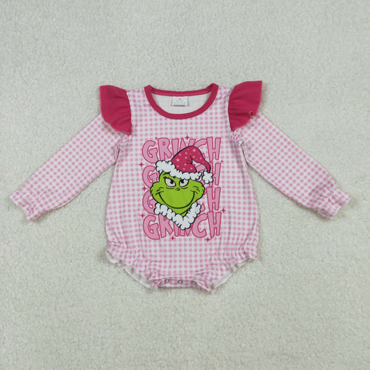 Baby Girls Pink Checked Green Face Christmas Ruffle Sleeve Rompers