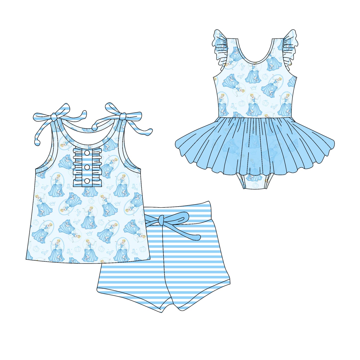 Preorder moq 5 Custom Baby Girls Blue Strap Pumpkins Princess Button Top Stripe Short Set Skort Bummise Romper