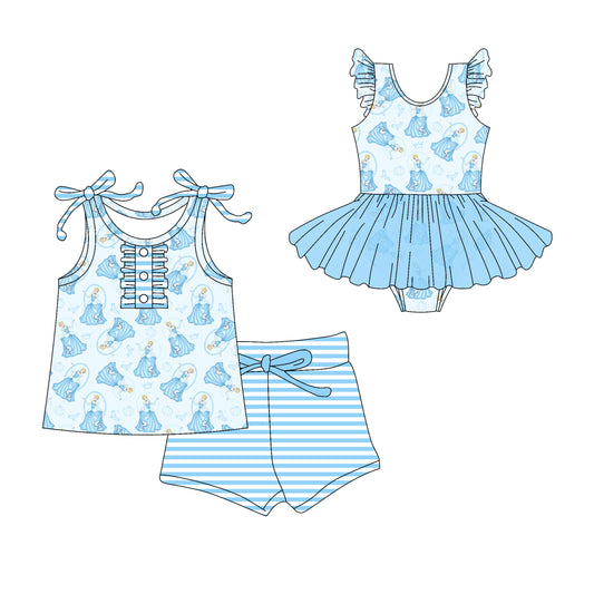 Preorder moq 5 Custom Baby Girls Blue Strap Pumpkins Princess Button Top Stripe Short Set Skort Bummise Romper