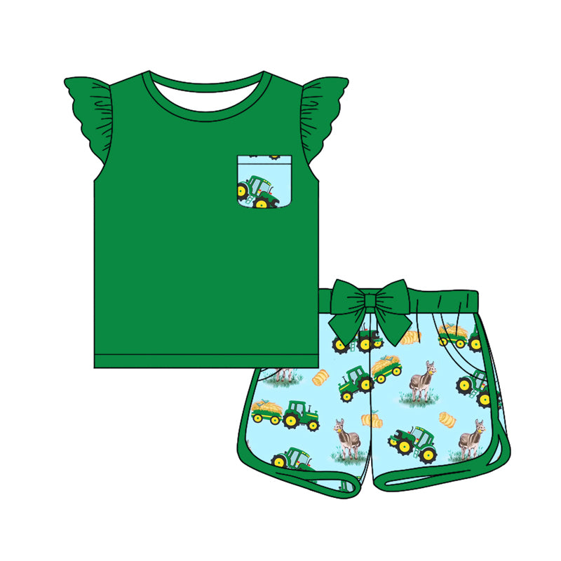 Preorder (moq 5)Baby Girls Green Pocket Shirt Top Farm Trucks Bow Shorts Outfits