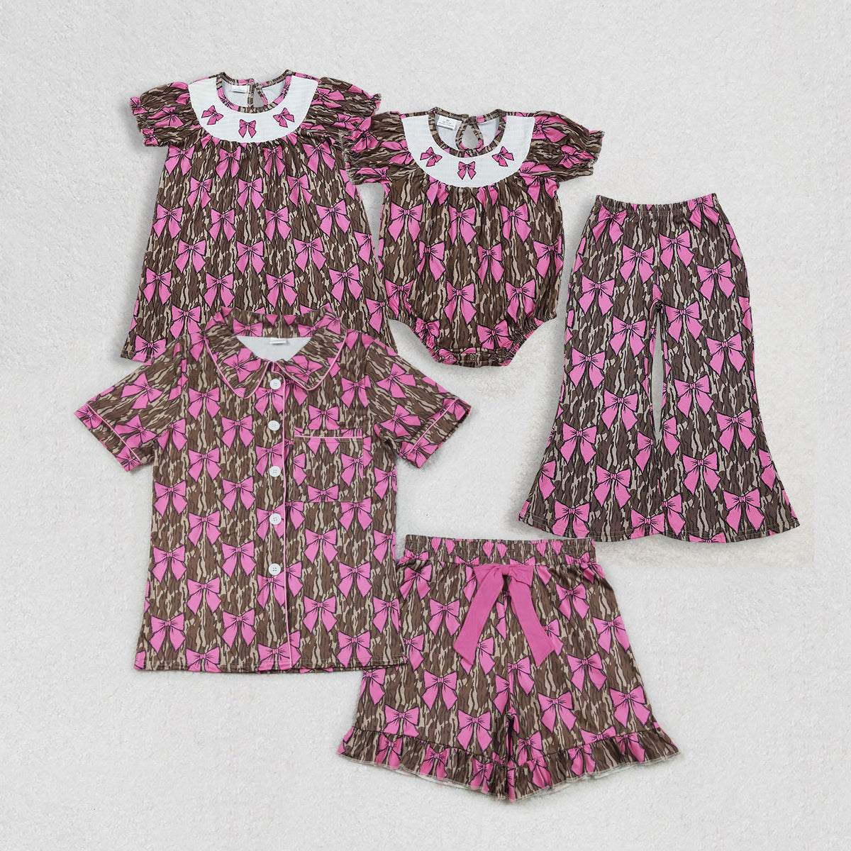 Sibling Family Adult Women Pajamas Sets Baby Girls Smocked Bows Olive Camo Dress Ruffle Romper Flare Pant