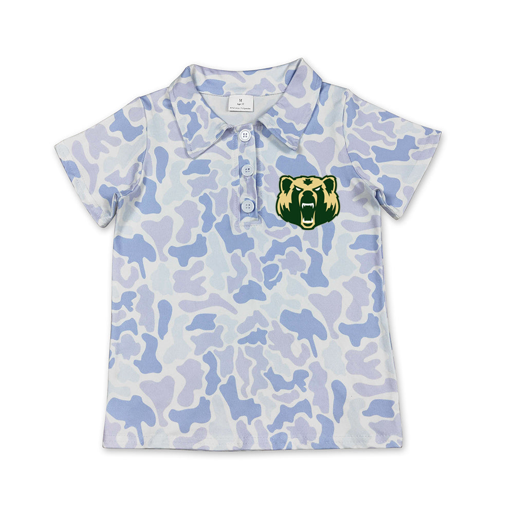 Preorder (moq 5)Baby Boys Light Blue Camo Bears Team Button Polo Shirt Top