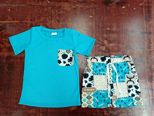 Preorder moq 5 Baby Boys Blue Short Sleeves Pocket Top Cow Print Aztec Short Set