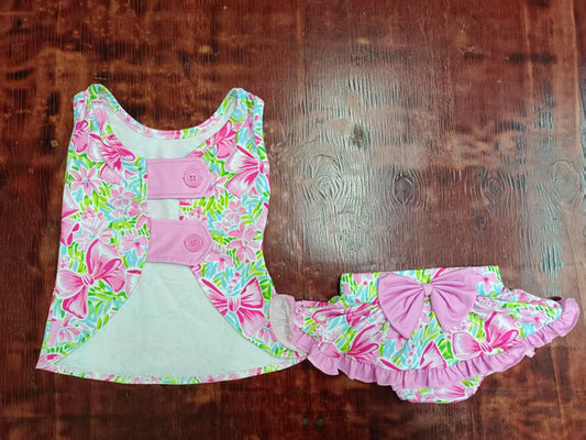 Preorder moq 5 Baby Girls Sleeveless Button Pink Floral Tunic Bummies Skorts Set