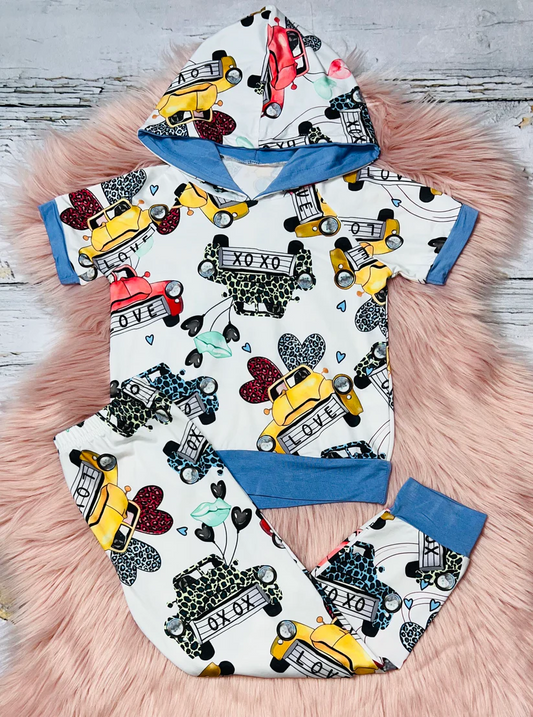 Baby Boys Valentines Tractor Hooded Tee Shirts Pants Clothes Sets preorder(moq 5)